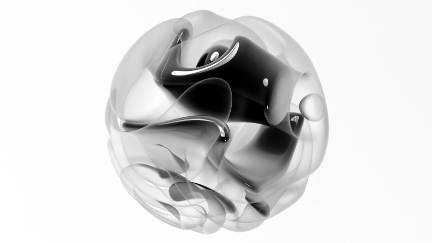 3d render of monochrome abstract art 3d video animation loop video with surreal liquid organic plastic ball sphere with multilayer effect with cube structure inside in curve wavy lines forms on white  Royalty-Free Stock Footage #1096624979