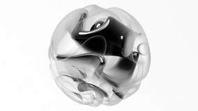 3d render of monochrome abstract art 3d video animation loop video with surreal liquid organic plastic ball sphere with multilayer effect with cube structure inside in curve wavy lines forms on white 