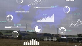 Animation of data processing over world map against spinning windmills on grassland against sky. Renewable energy and business technology concept - Powered by Shutterstock - Get 15% off with code: PIKWIZARD15