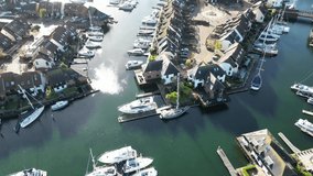Yacht village. Drone view of yachts, sea city