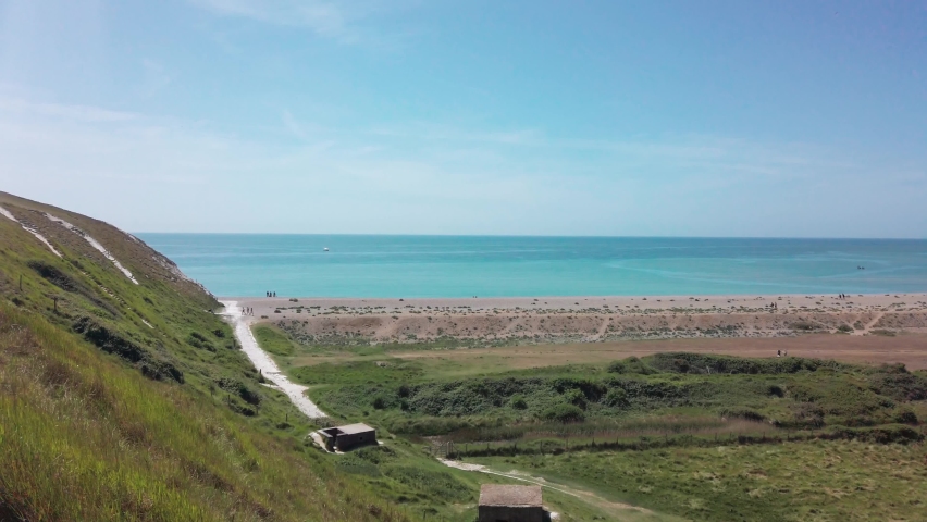 Panoramic view of beach at Seven Sisters white cliffs, beach, ocean East Sussex, England