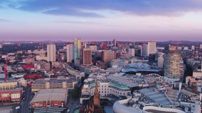 aerial view drone birmingham city downtown at dawn,flying over rotunda and bullring