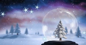 Animation of snow falling over snow globe with christmas tree and winter landscape. Christmas, tradition and celebration concept digitally generated video.