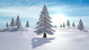 Animation of snow falling and white christmas text over winter landscape. Christmas, tradition and celebration concept digitally generated video.