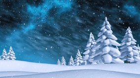 Animation of snow falling over santa claus in sleigh with reindeer over winter landscape. Christmas, tradition and celebration concept digitally generated video.
