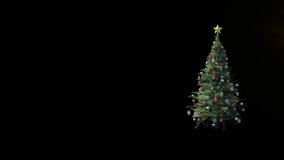 Animation of snow falling and light spots over christmas tree on black backrgound. Christmas, tradition and celebration concept digitally generated video.