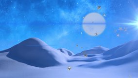 Animation of stars falling over winter scenery. Christmas, celebration and digital interface concept digitally generated video.