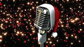 Animation of santa hat over a microphone against red light sparks floating against black background. Christmas festivity and celebration concept - Powered by Shutterstock - Get 15% off with code: PIKWIZARD15