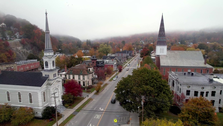 aerial of churches in montpelier vermont in fall with autumn leaf color