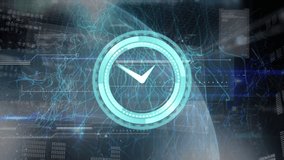 Animation of neon ticking clock over blue digital waves and interface with data processing. Computer interface and business technology concept - Powered by Shutterstock - Get 15% off with code: PIKWIZARD15