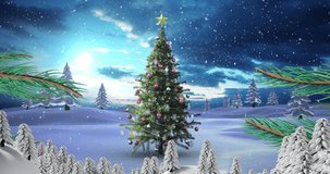 Animation of snow falling over christmas tree and winter landscape. Christmas, tradition and celebration concept digitally generated video.
