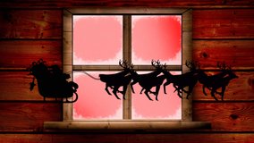 Animation of santa claus in sleigh over window on red backrgound. Christmas, tradition and celebration concept digitally generated video.