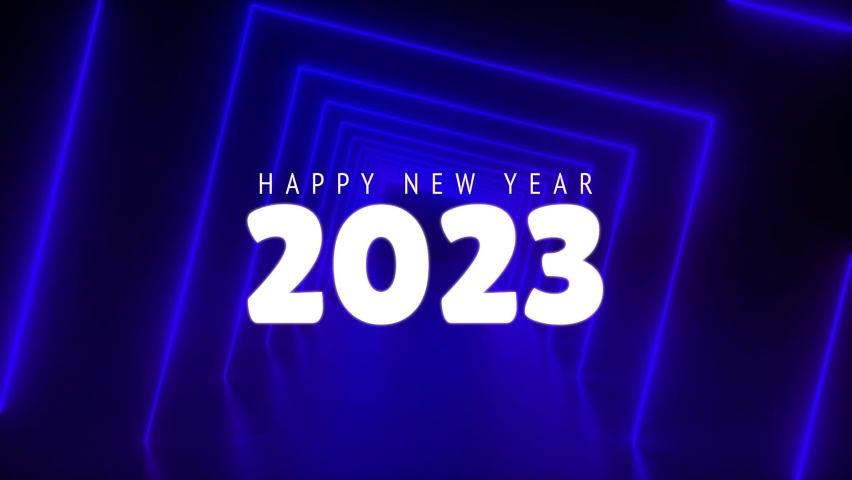 2023 Happy New year text effect Cinematic Title Trailer animation with beautiful neon blue background. New year 2023 celebration greeting card. | Shutterstock HD Video #1096636821