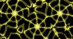 Glowing curved golden rays of light on a dark background form kaleidoscopic patterns. Animated background and club video. Endless cycle. The loop