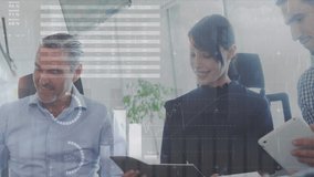 Animation of statistical data processing over diverse businesspeople discussing together at office. Business data technology concept - Powered by Shutterstock - Get 15% off with code: PIKWIZARD15