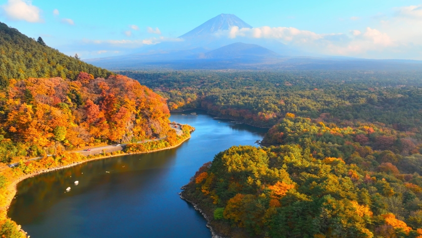 scenic autumn landscape with a river and colourful autumn forest, Japanese autumn near mountain Fuji, beautiful Japanese nature. High quality 4k footage Royalty-Free Stock Footage #1096650085