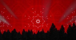 Animation of kaleidoscopic shapes over red background with trees silhouettes. Christmas, winter, tradition and celebration concept digitally generated video.