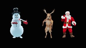 Merry christmas and happy new year, 3d rendering, Snowman, Deer,  santa claus Dancing, Animation Loop  composition 3d mapping cartoon, Included in the end of the clip with Alpha matte.