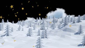 Animation of stars falling over christmas trees in winter scenery. Christmas, festivity, celebration and tradition concept digitally generated video.