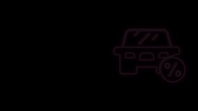 Glowing neon line Car leasing percent icon isolated on black background. Credit percentage symbol. 4K Video motion graphic animation.