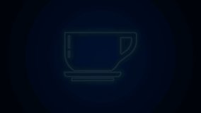Glowing neon line Coffee cup icon isolated on black background. Tea cup. Hot drink coffee. 4K Video motion graphic animation.