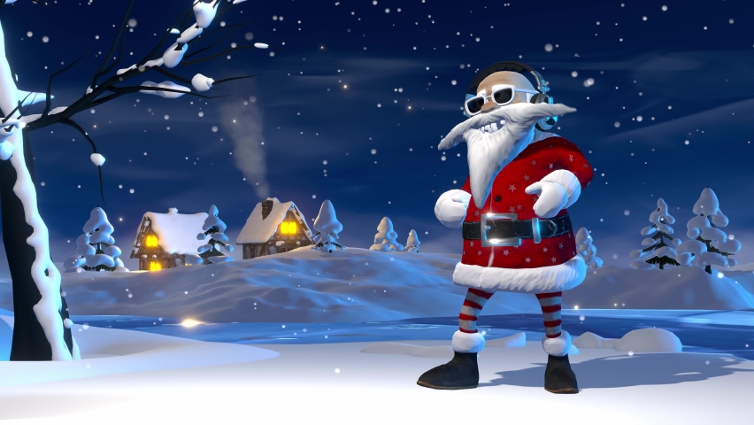 Santa Claus listening to music and dance. Winter Christmas rural landscape with snow-covered fields, fir trees, houses and snowflakes. Royalty-Free Stock Footage #1096662201