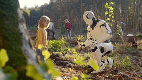 Happy child working together with robot and planting seedling of tree in garden or forest on sunny autumn day. Outdoor. Caucasian kid girl cooperating with humanoid for anti deforestation. - Powered by Shutterstock - Get 15% off with code: PIKWIZARD15