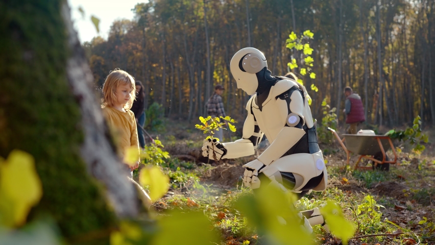 Caucasian father, daughter and humanoid planting tree together in garden or park. Handome man with small cute child and robot plant seedling of trees. Outside. Family with android working together.