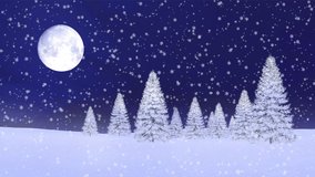 Serene winter landscape with snow covered fir trees forest at snowfall against dark blue night sky with fantastic huge full moon. With no people 3D animation for Xmas or New Year background. - Powered by Shutterstock - Get 15% off with code: PIKWIZARD15