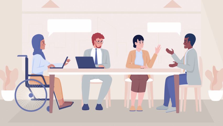 Animated brainstorming illustration. Woman in wheelchair with colleagues. Equity in workplace. Looped flat color 2D cartoon characters animation video in HD with office on transparent background | Shutterstock HD Video #1096664993
