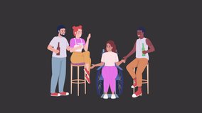 Animated youth in bar characters. Dealing with disability. Full body flat people on black background with alpha channel transparency. Colorful cartoon style HD video footage for animation