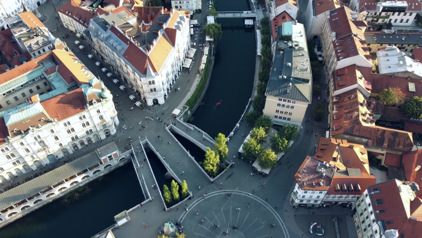 Tromostovje, pedestrian bridge over the river in historic center of Ljubljana. Royalty-Free Stock Footage #1096665463