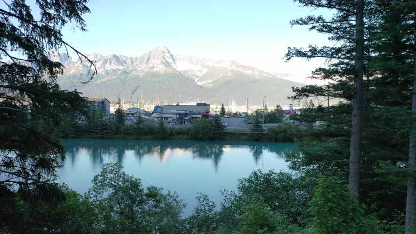 Flying Over The Sea Port City Of Seward, Alaska. Aerial Drone Shot
