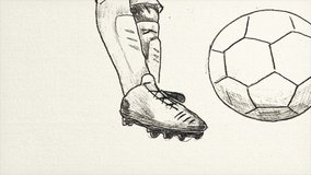 Soccer Player Goal Hand Drawn sketch animation video, football goal. soccer playground, background video, animation playground video. champion, cup. football player goal hit, black and white color 4k.