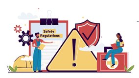 Occupational safety video concept. OSHA metaphor. Moving man conducts safety and health instruction during work for employees. Rules and recommendations. Flat graphic animated cartoon doodle style