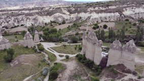 Cappadocia's major tourist attraction love-valley air view video. Cappadocia (Kapadokya) is known as one of the best places to fly with hot air balloons worldwide. Goreme, Cappadocia, Turkey.