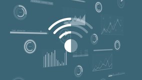 Animation of wifi icon over scope scanning and data processing on blue background. Global business, social media and digital interface concept digitally generated video. - Powered by Shutterstock - Get 15% off with code: PIKWIZARD15