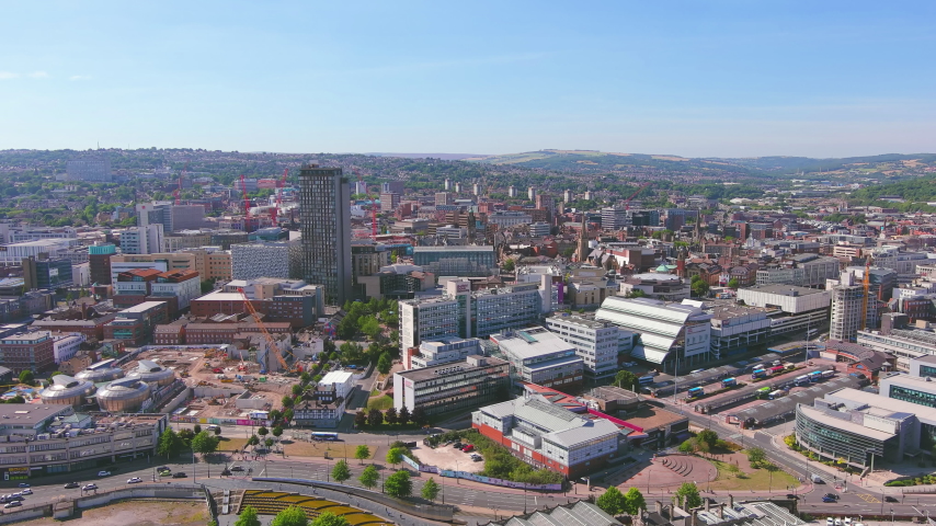 Sheffield, UK: Aerial view of city in England, center of city with modern high-rise buildings - landscape panorama of United Kingdom from above