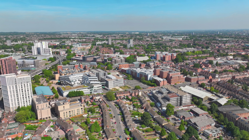 Coventry, UK: Aerial view of city in England, sunny summer day with blue sky - landscape panorama of United Kingdom from above