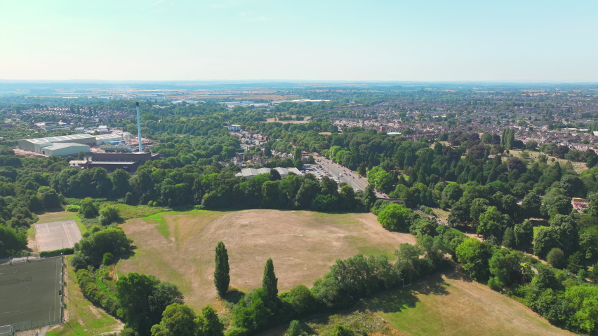 Coventry, UK: Aerial view of city in England, sunny summer day with blue sky - landscape panorama of United Kingdom from above