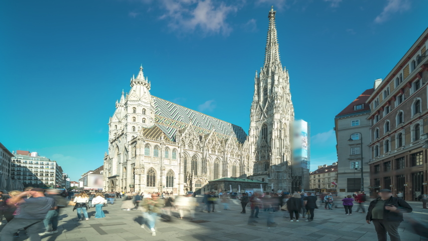 Vienna St. Stephen's Cathedral (Stephansdom) Time-lapse Hyperlapse of Vienna Austria in 4K people walking and shopping on main sqaure old town in Wien city. Vienna church downtown. Royalty-Free Stock Footage #1096688455