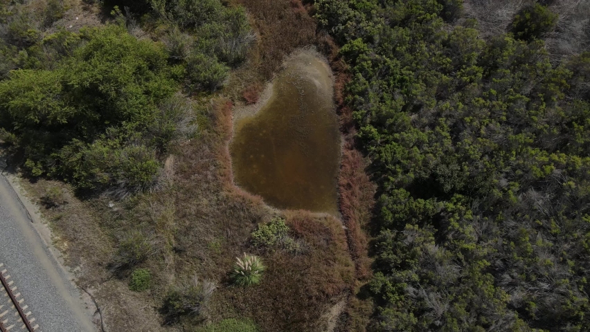Aerial view of small pond next to oceanside rail system