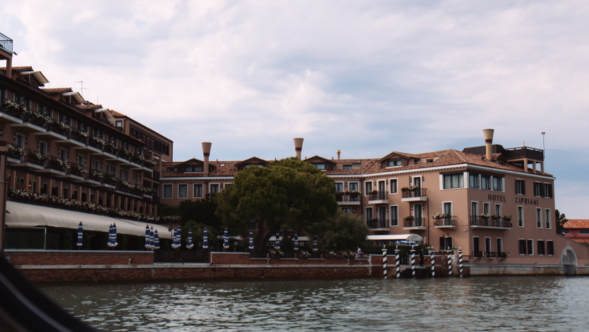 Cruising On The Venetian Lagoon Towards Deluxe Hotel Cipriani In Giudecca Island, Venice, Italy. POV