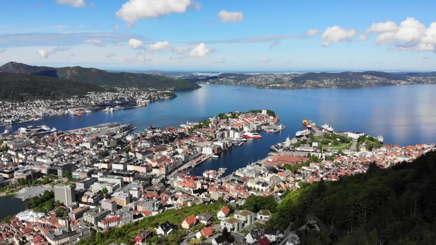 Aerial: flying over Bergen in Norway Royalty-Free Stock Footage #1096690539