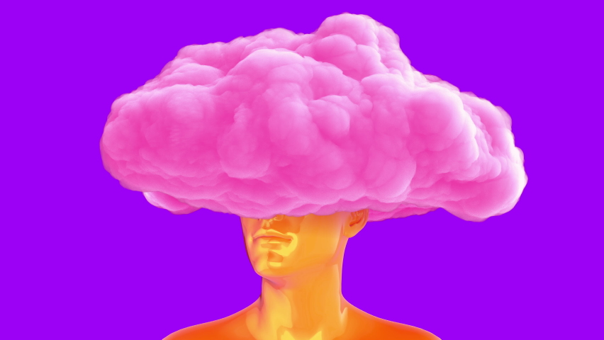 Man golden body with pink cloud on head. Realistic 3d art composition in creative modern stop motion style. Minimal abstract graphic concept design. Fashion loop animation. | Shutterstock HD Video #1096695091