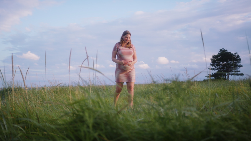 A wide shot of a pregnant woman slowly walking on a field in the countryside while gently stroking her belly