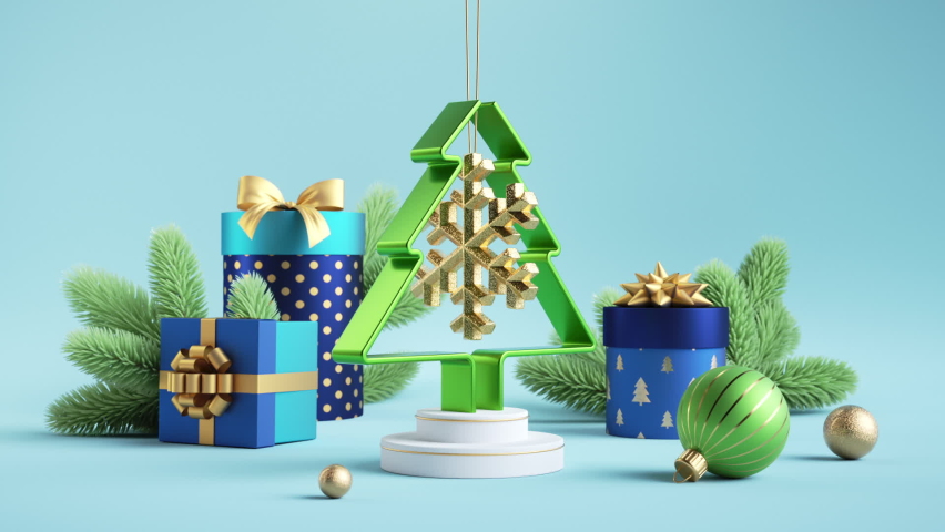looped 3d animation. Christmas cycled background. Golden snowflake pendulum swinging, spinning fir tree, wrapped gift boxes and green spruce twigs. Winter holiday wallpaper Royalty-Free Stock Footage #1096697467