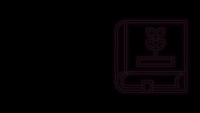 Glowing neon line Book about seeds icon isolated on black background. 4K Video motion graphic animation.
