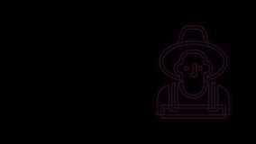 Glowing neon line Farmer in the hat icon isolated on black background. 4K Video motion graphic animation.
