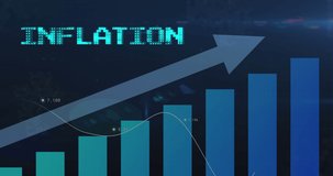 Animation of inflation text in blue with arrow and graph over charts processing data. Global business economy, stagnation, inflation and digital communication concept digitally generated video.